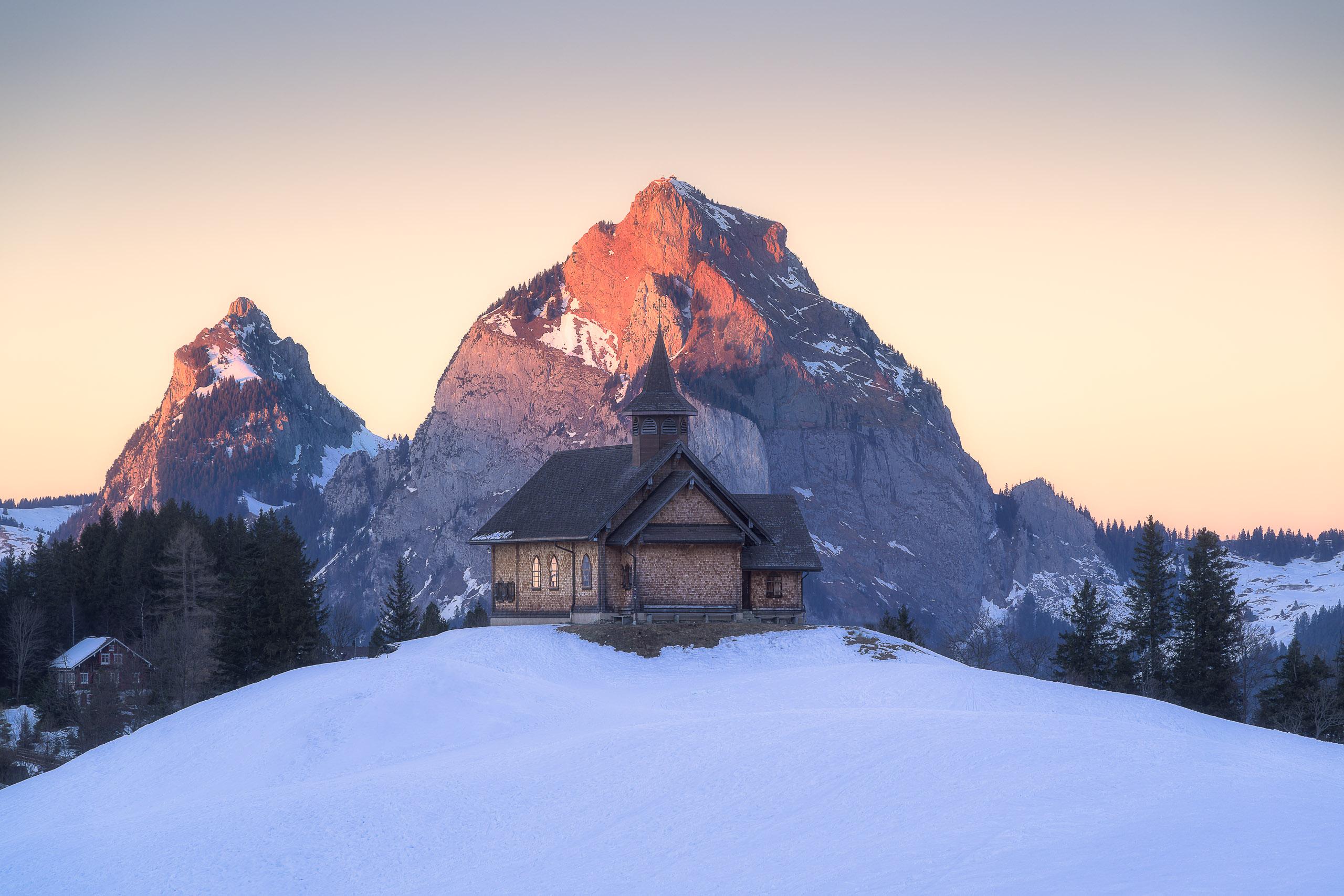 Chapel at Stoos at sunset